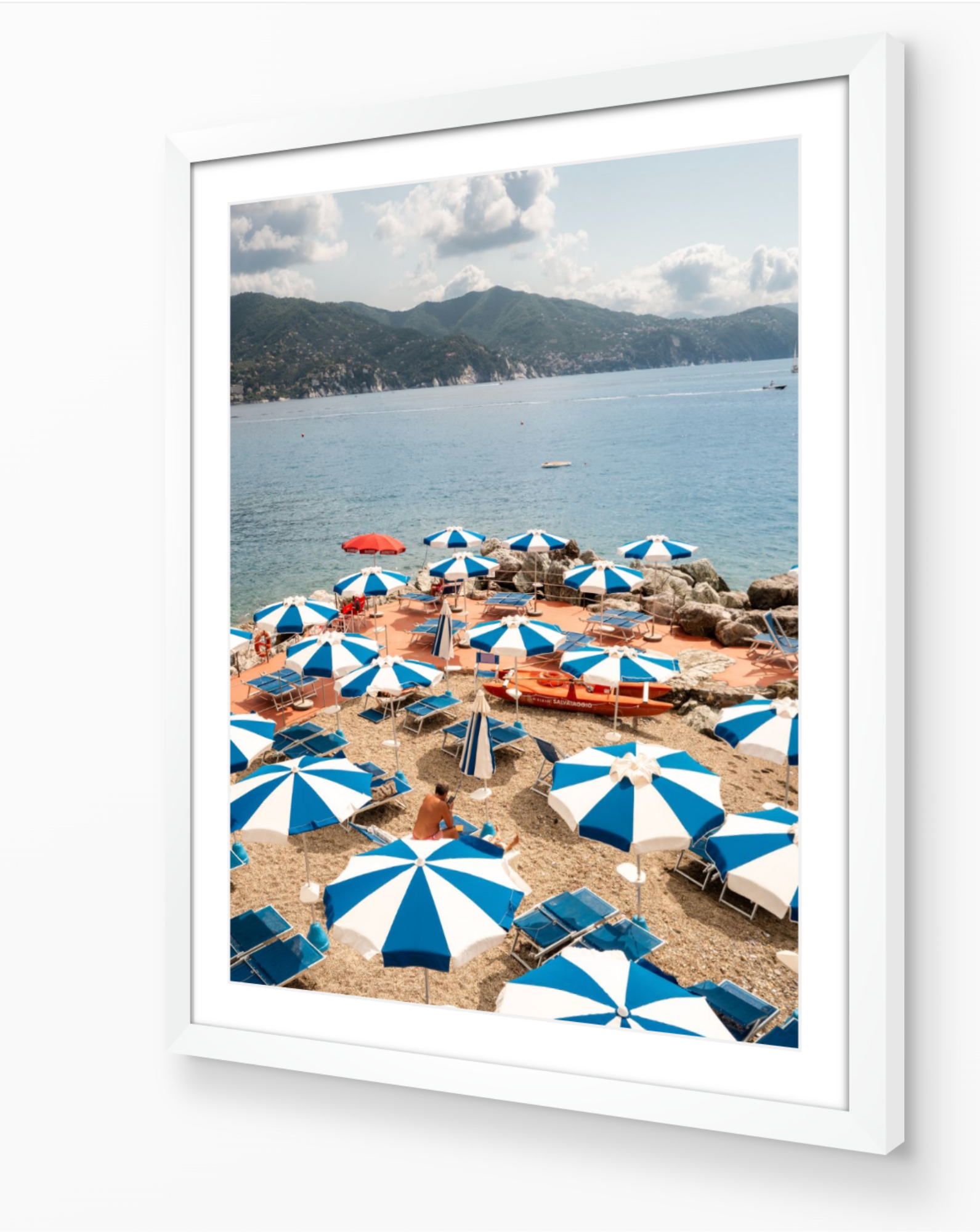 Azure Umbrellas framed print in white wood frame – Italian Riviera coastal photography