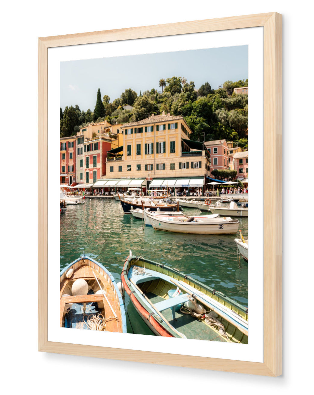Portofino I fine-art print by Sam Smeaton — Portofino’s tranquil harbour and pastel buildings, framed in natural oak for a warm, timeless Mediterranean look.