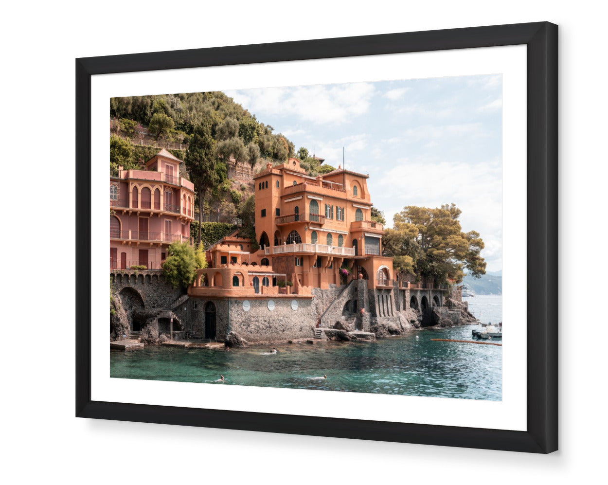 Villa Coral – Portofino fine-art print by Sam Smeaton — coral Italian villas above the turquoise coast, framed in black for bold Mediterranean contrast.