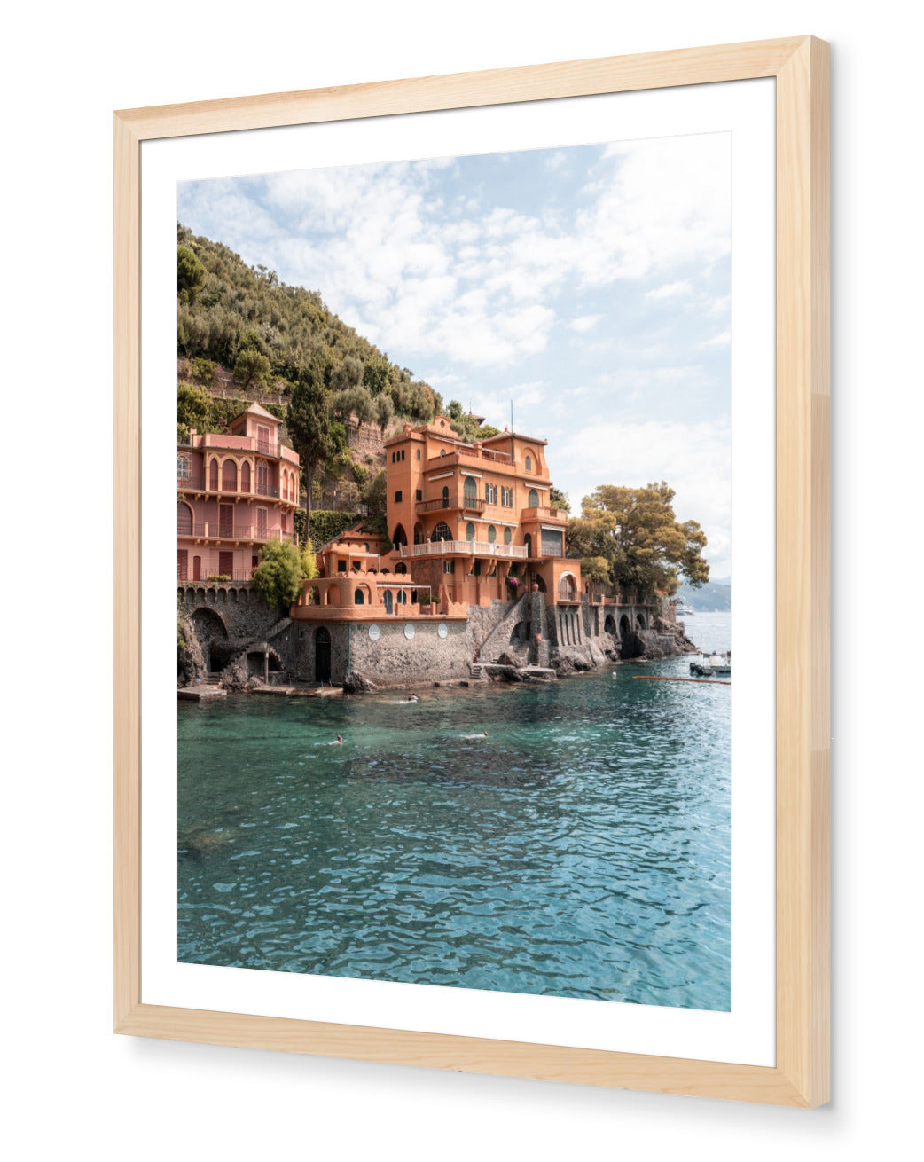 Villa Coral – Portofino fine-art print by Sam Smeaton — Mediterranean coral villas with green shutters and turquoise sea, framed in natural oak for timeless warmth.