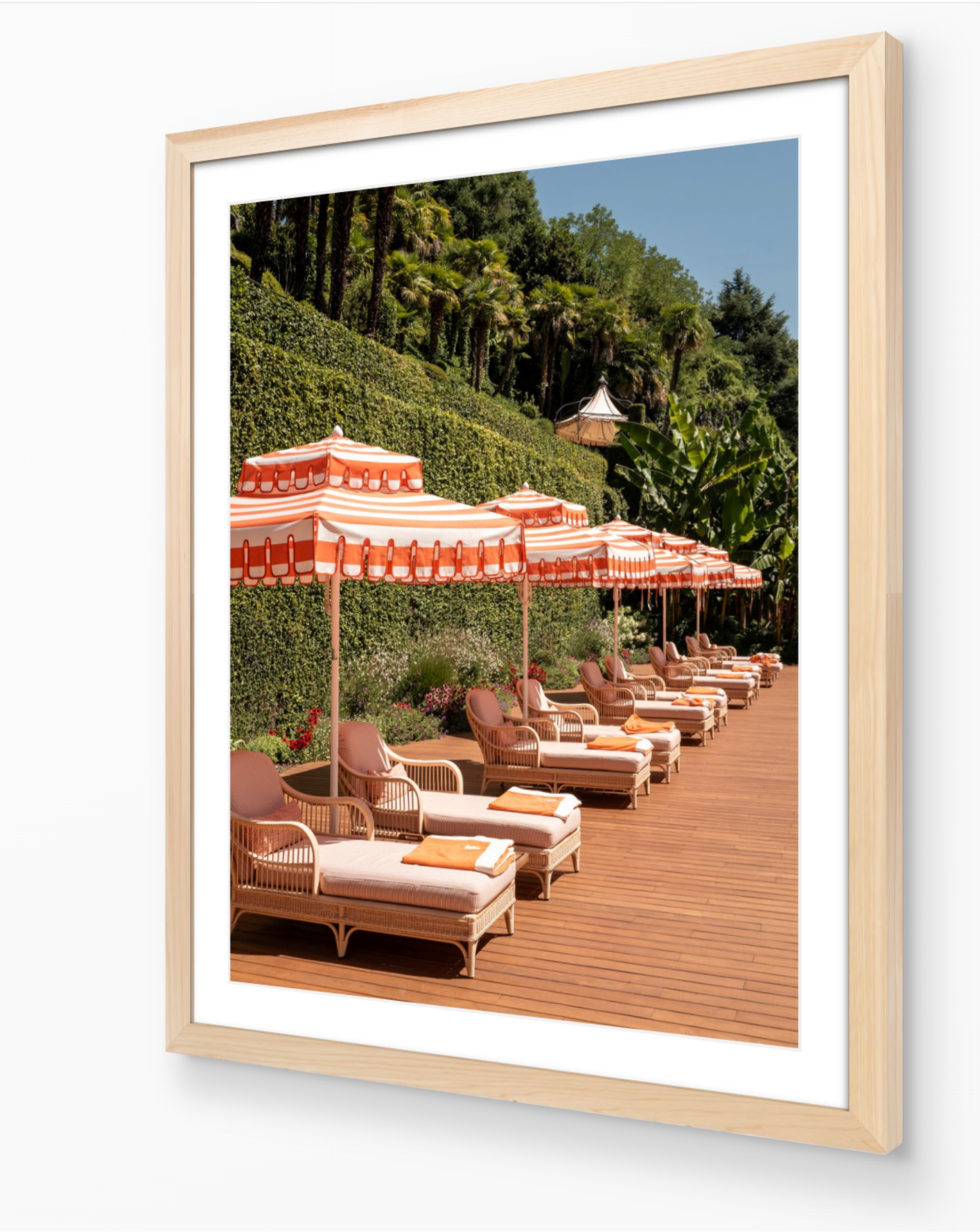 Sun Loungers of Tremezzo fine-art print by Sam Smeaton — warm Italian light and classic sun loungers framed in natural oak for timeless European charm.