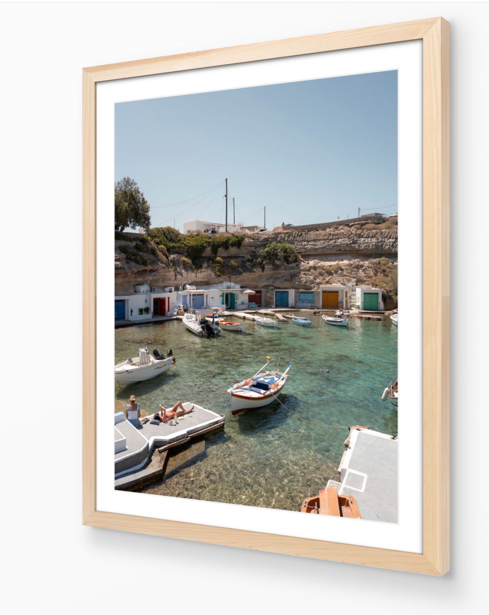 Mandrakia II – Milos fine-art print in oak frame by Sam Smeaton — Greek island photography of boats anchored in crystal-clear water, Milos Greece