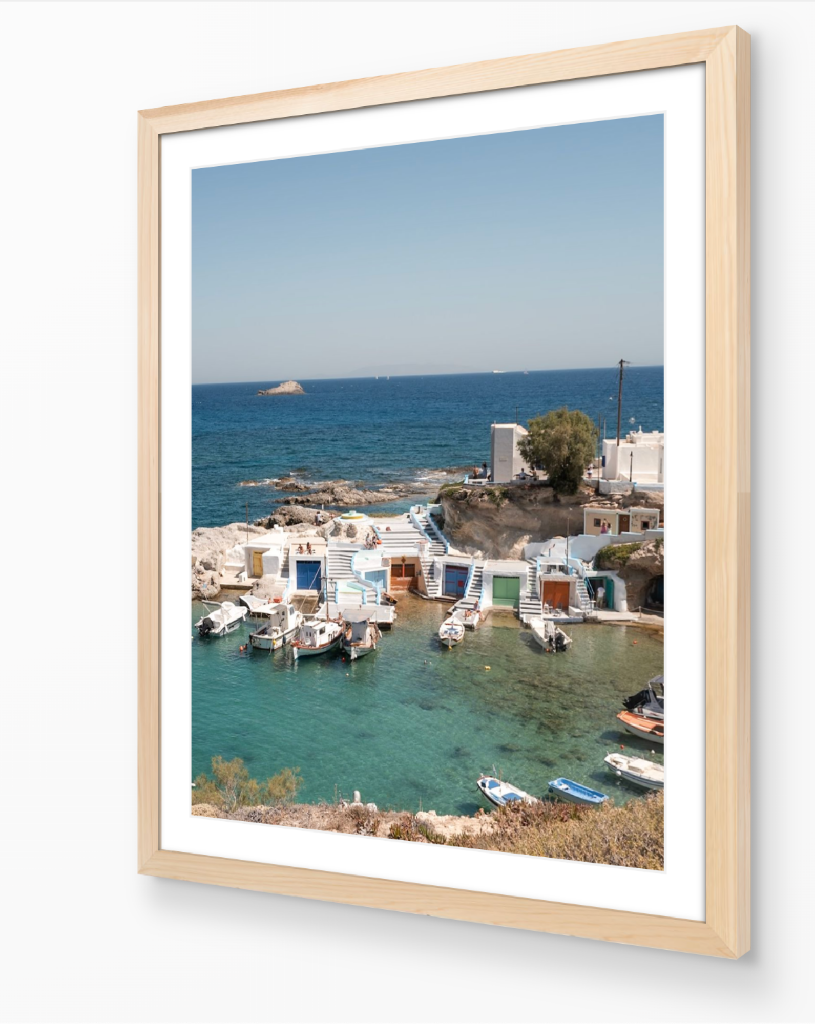 Mandrakia I – Milos fine-art print in oak frame by Sam Smeaton — Mediterranean wall art capturing whitewashed houses and calm turquoise tones