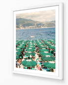 Santa Margherita fine-art print by Sam Smeaton — green umbrellas and Ligurian Sea tones, framed in elegant white frame
