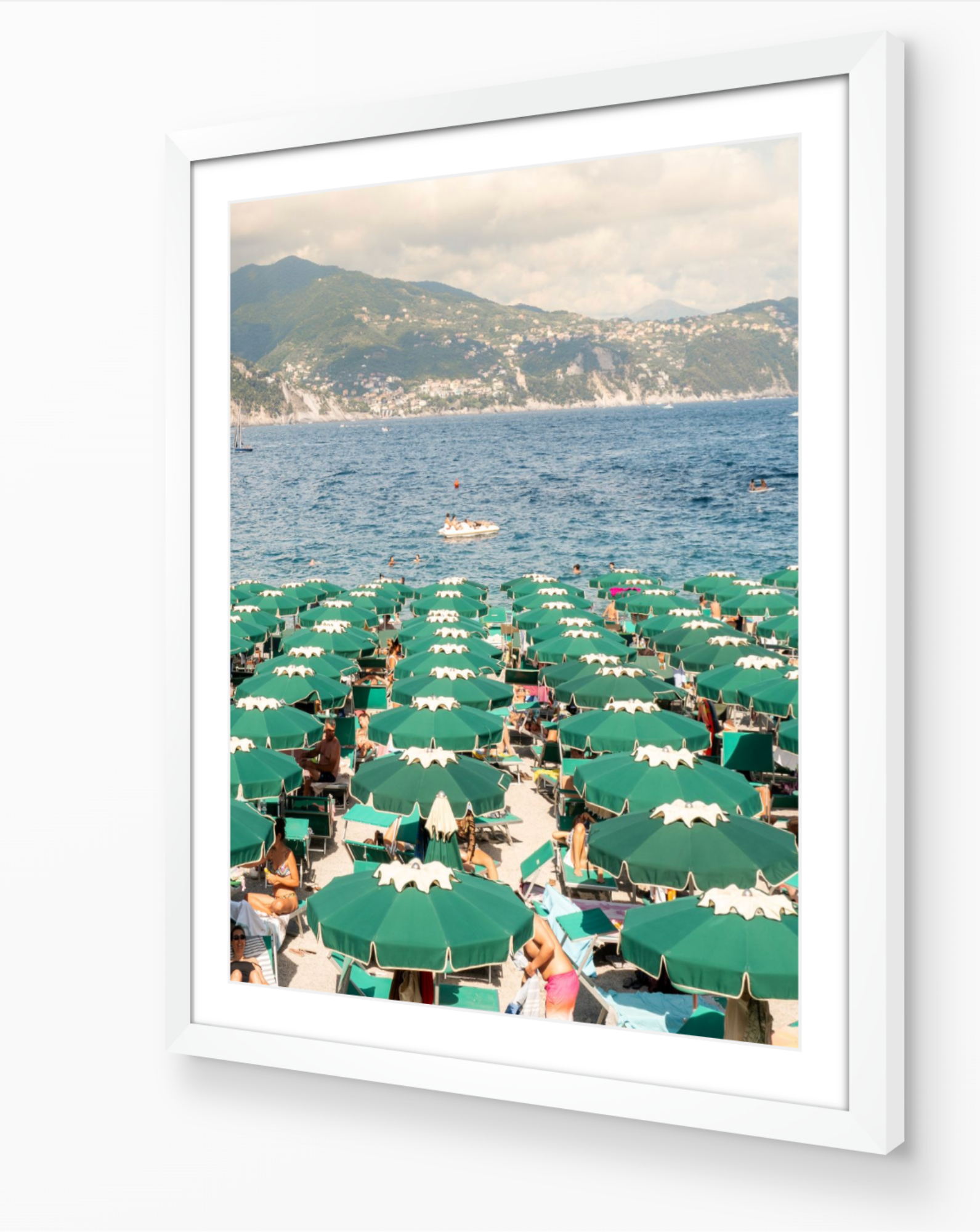 Santa Margherita fine-art print by Sam Smeaton — green umbrellas and Ligurian Sea tones, framed in elegant white frame