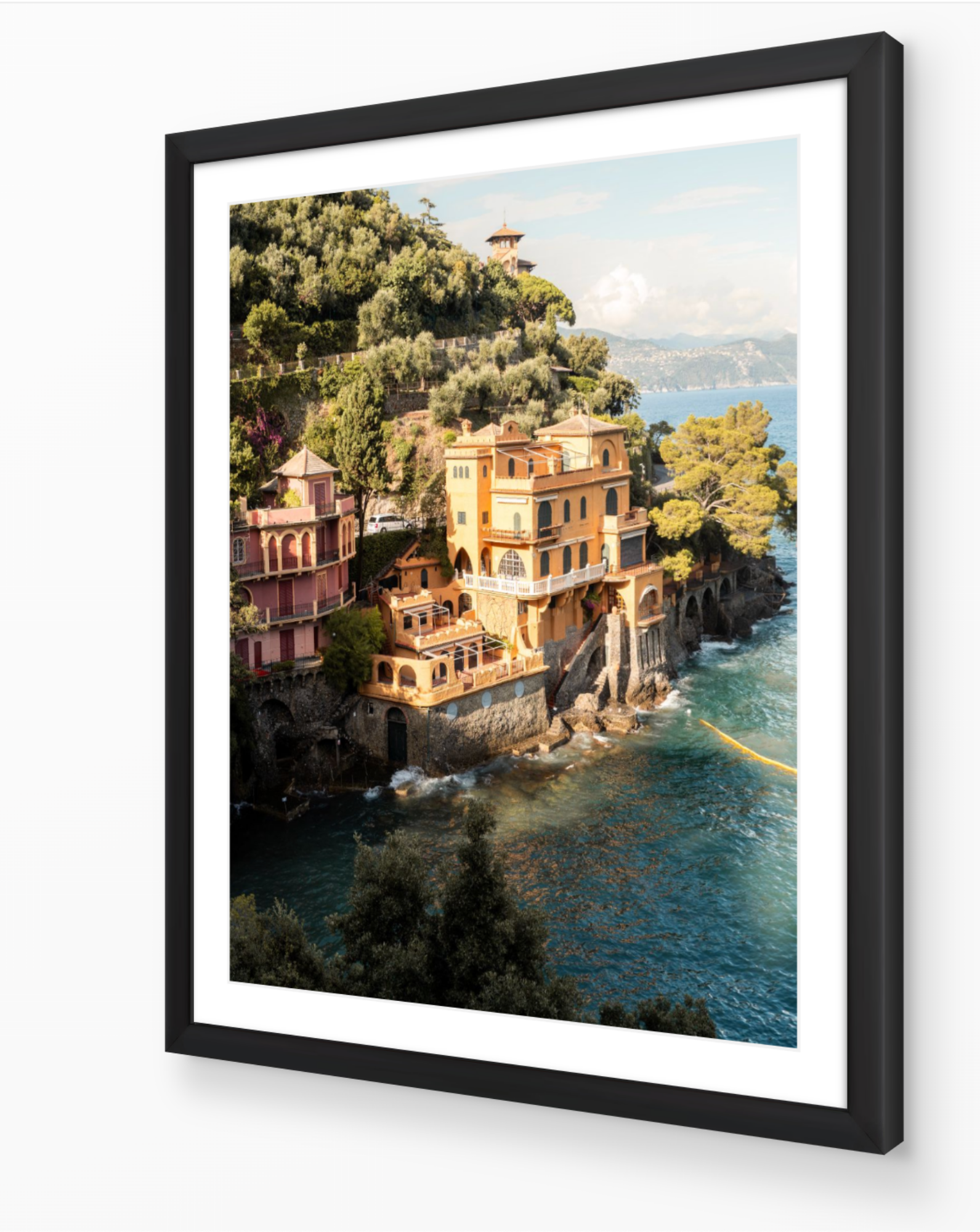 Portofino vertical photography print in black frame — luxury Italian Riviera wall art by Sam Smeaton.