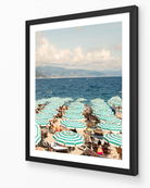 Santa Margherita fine-art print by Sam Smeaton — mint-striped umbrellas and Ligurian Sea, framed in elegant black frame