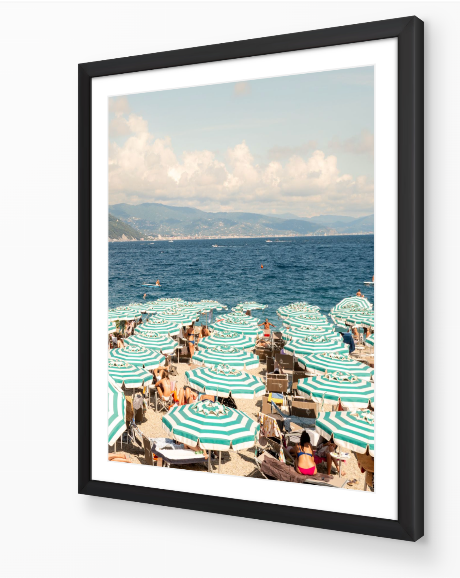 Santa Margherita fine-art print by Sam Smeaton — mint-striped umbrellas and Ligurian Sea, framed in elegant black frame