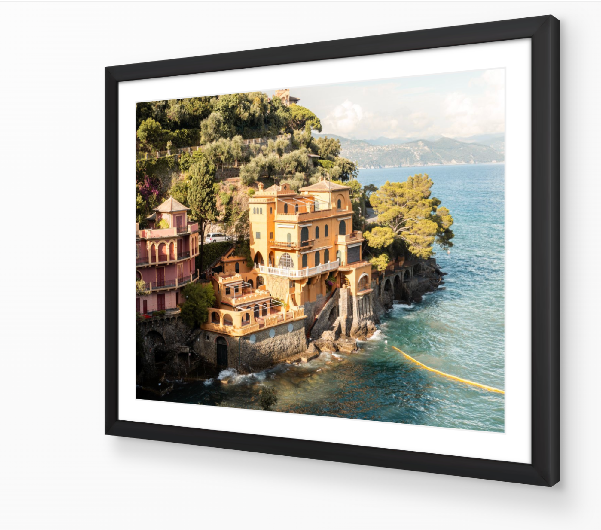 Portofino Italy landscape photography print in black frame — luxury Italian Riviera wall art by Sam Smeaton.