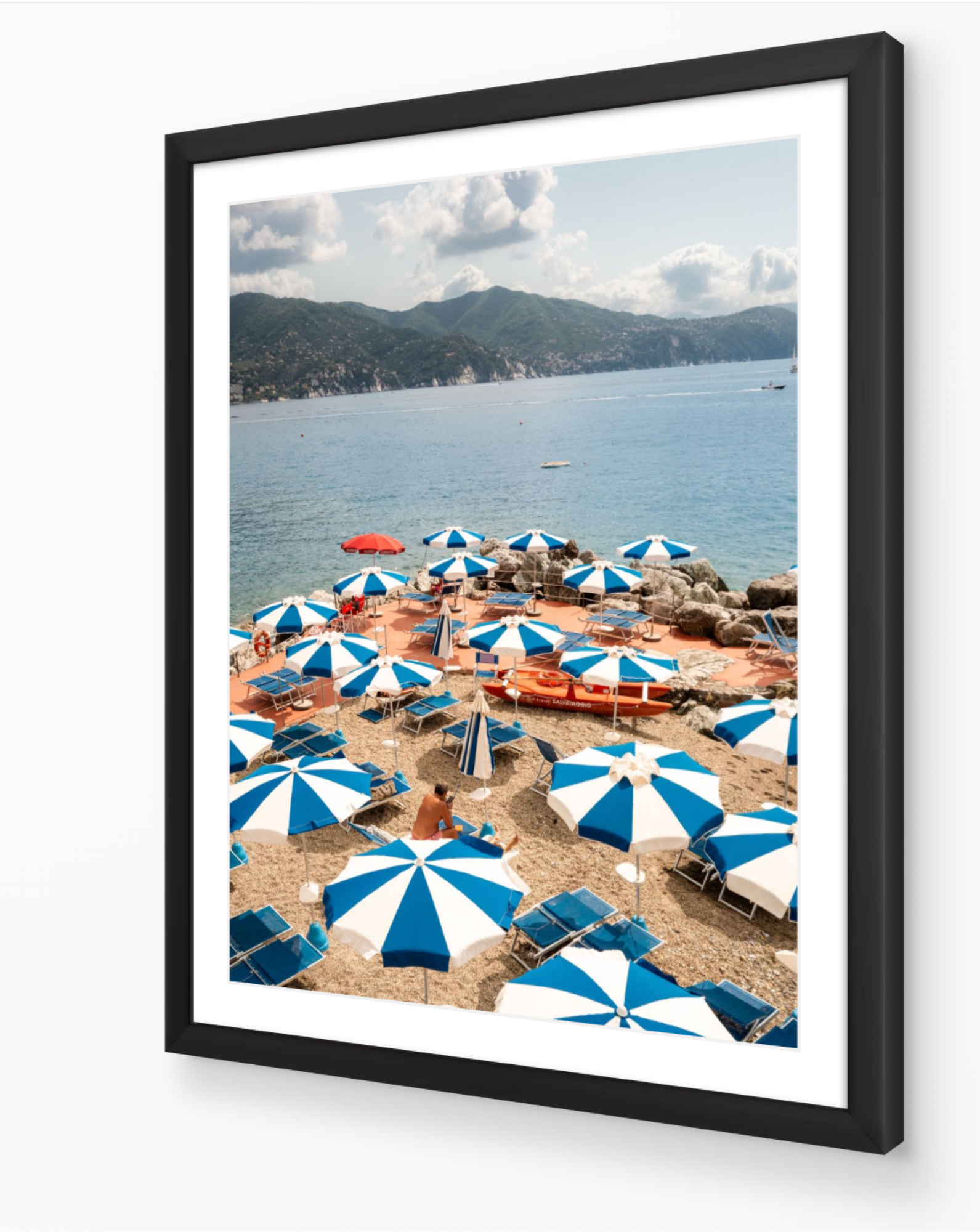 Azure Umbrellas framed print in black wood frame – Italian Riviera coastal photography