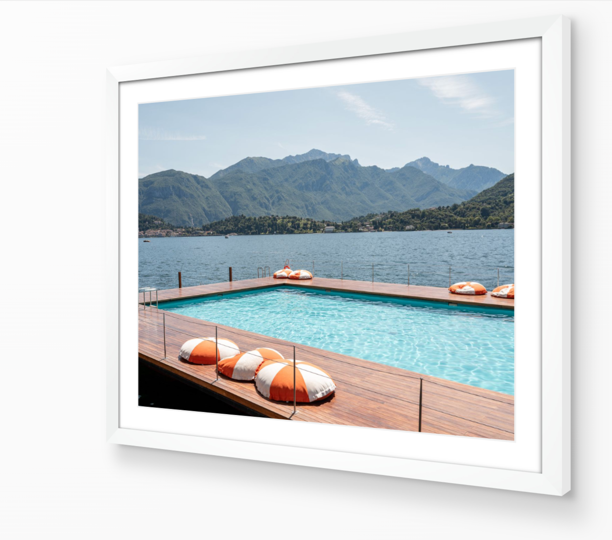The Floating Pool of Como horizontal fine art print in white frame by Sam Smeaton — Lake Como Italy photography