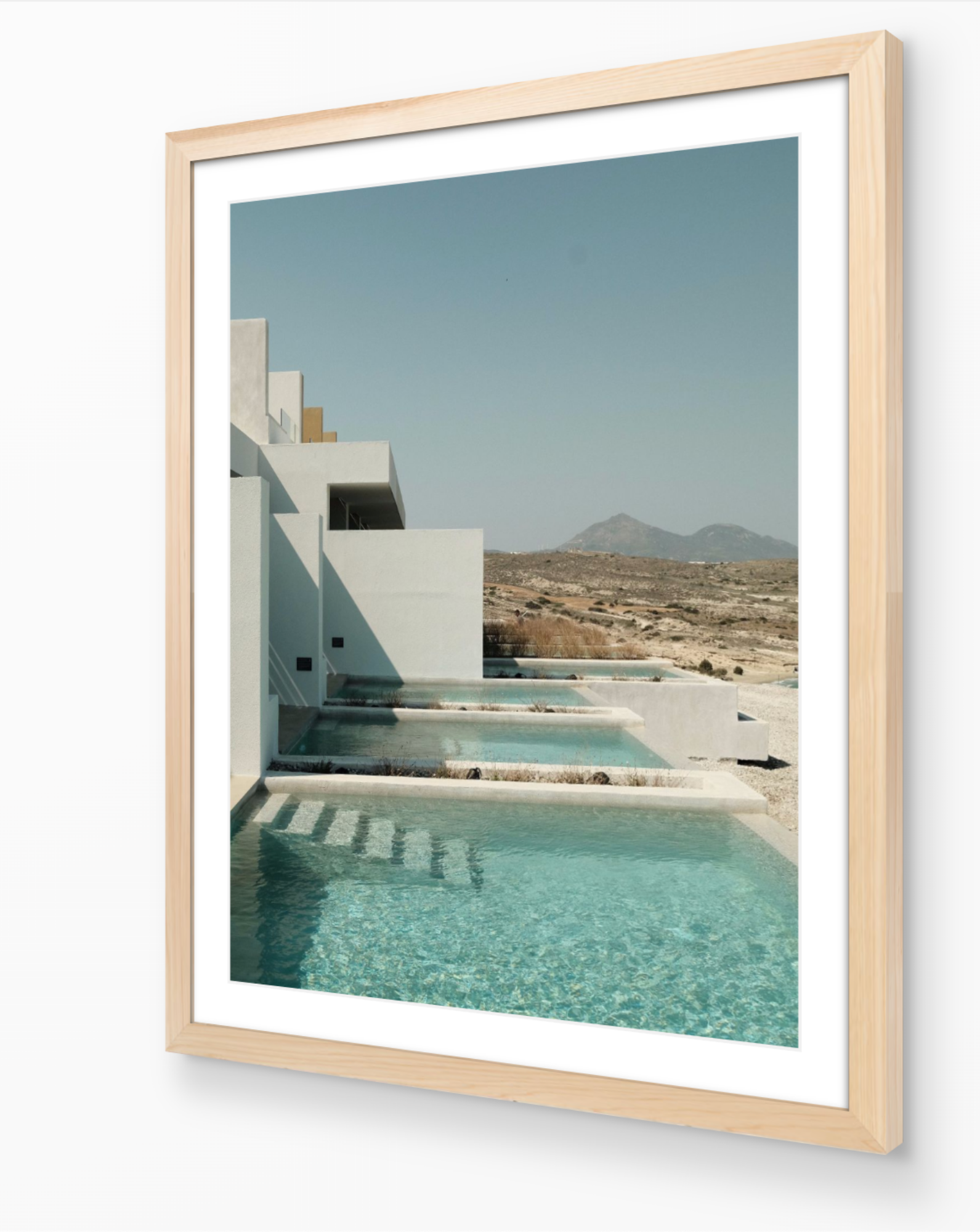 Private Pools – Milos fine-art print in oak frame by Sam Smeaton — modern Greek island wall art