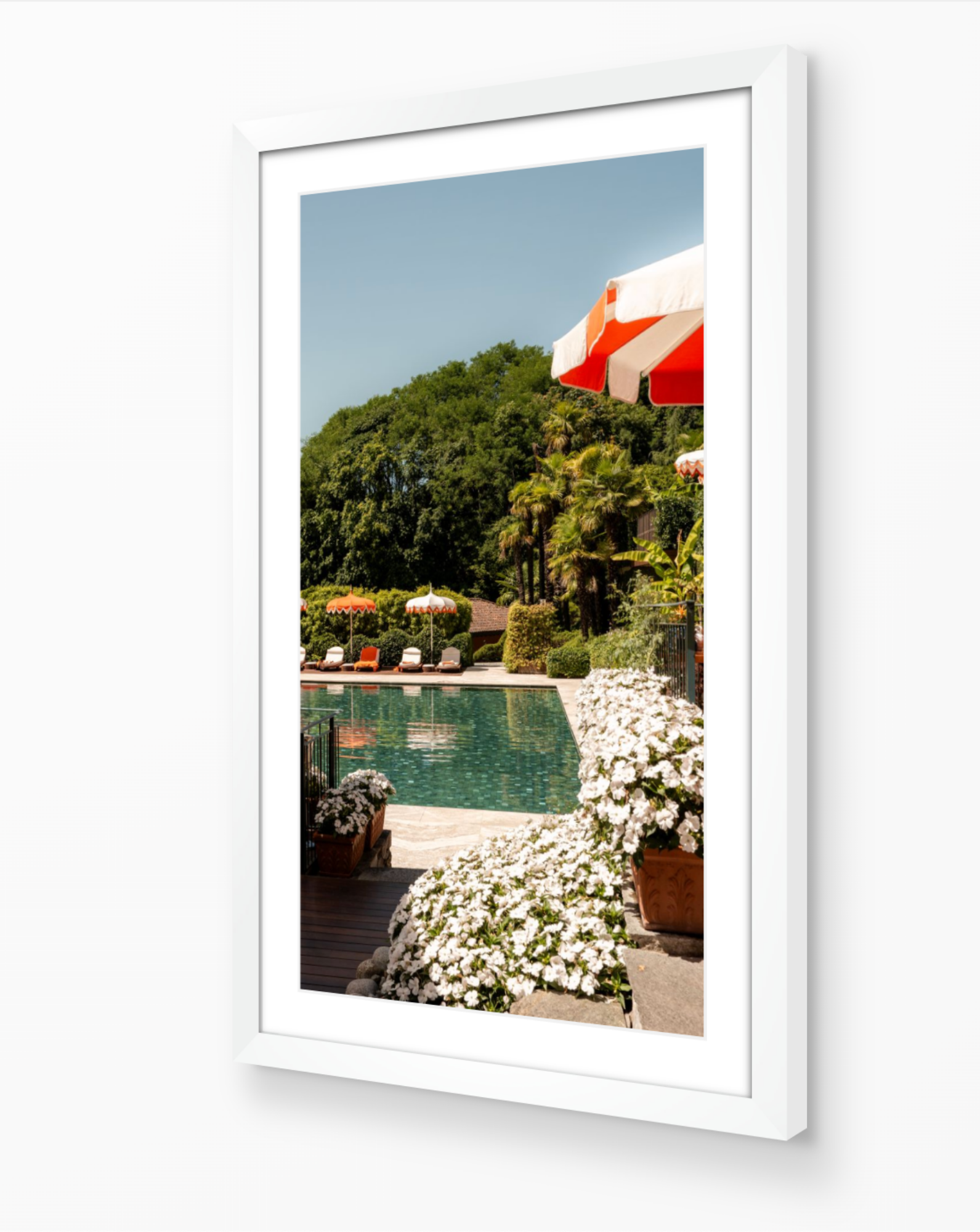 Floral Poolside fine art print in white frame by Sam Smeaton — Lake Como Italy photography