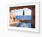 Cave View – Crete fine-art print in white frame by Sam Smeaton — minimalist ocean photography featuring soft stone textures and calm turquoise waters