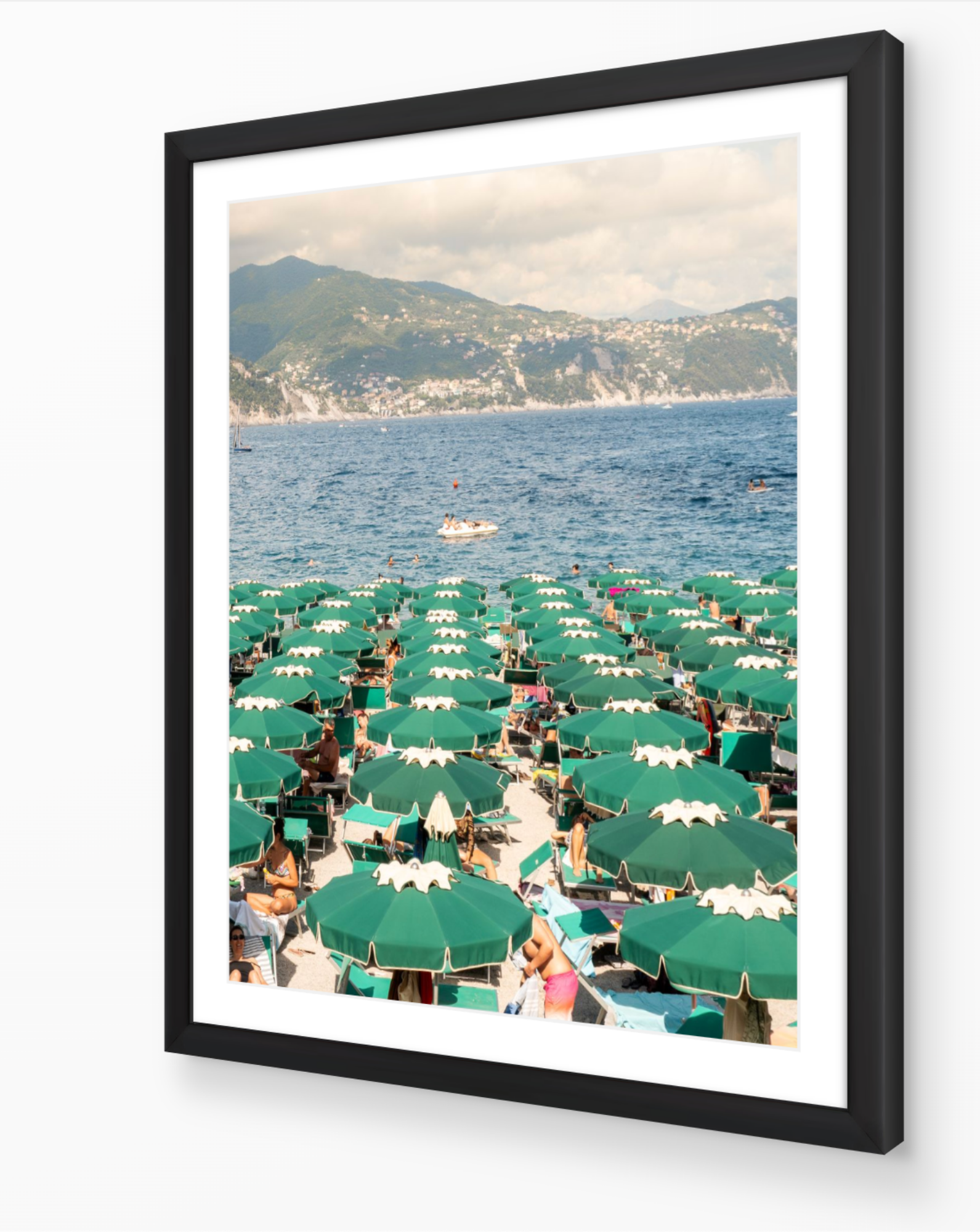 Santa Margherita fine-art print by Sam Smeaton — green umbrellas and Ligurian Sea tones, framed in elegant black frame