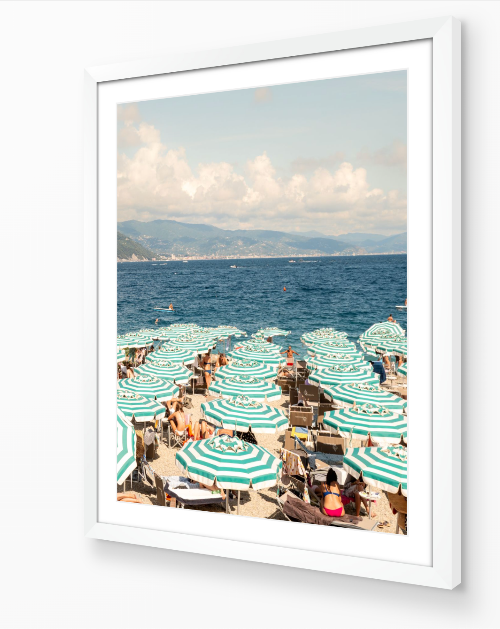 Santa Margherita fine-art print by Sam Smeaton — mint umbrellas and blue sea, Italian Riviera photography framed in white for a clean coastal look