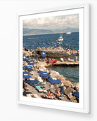 Santa Margherita fine-art print by Sam Smeaton — Italian Riviera blue umbrellas and shoreline, framed in modern white frame for a clean minimalist finish.