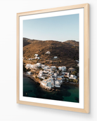 Sifnos Serenity fine-art print in oak frame by Sam Smeaton — Greek island wall art of Sifnos village with terracotta hills and tranquil Aegean waters