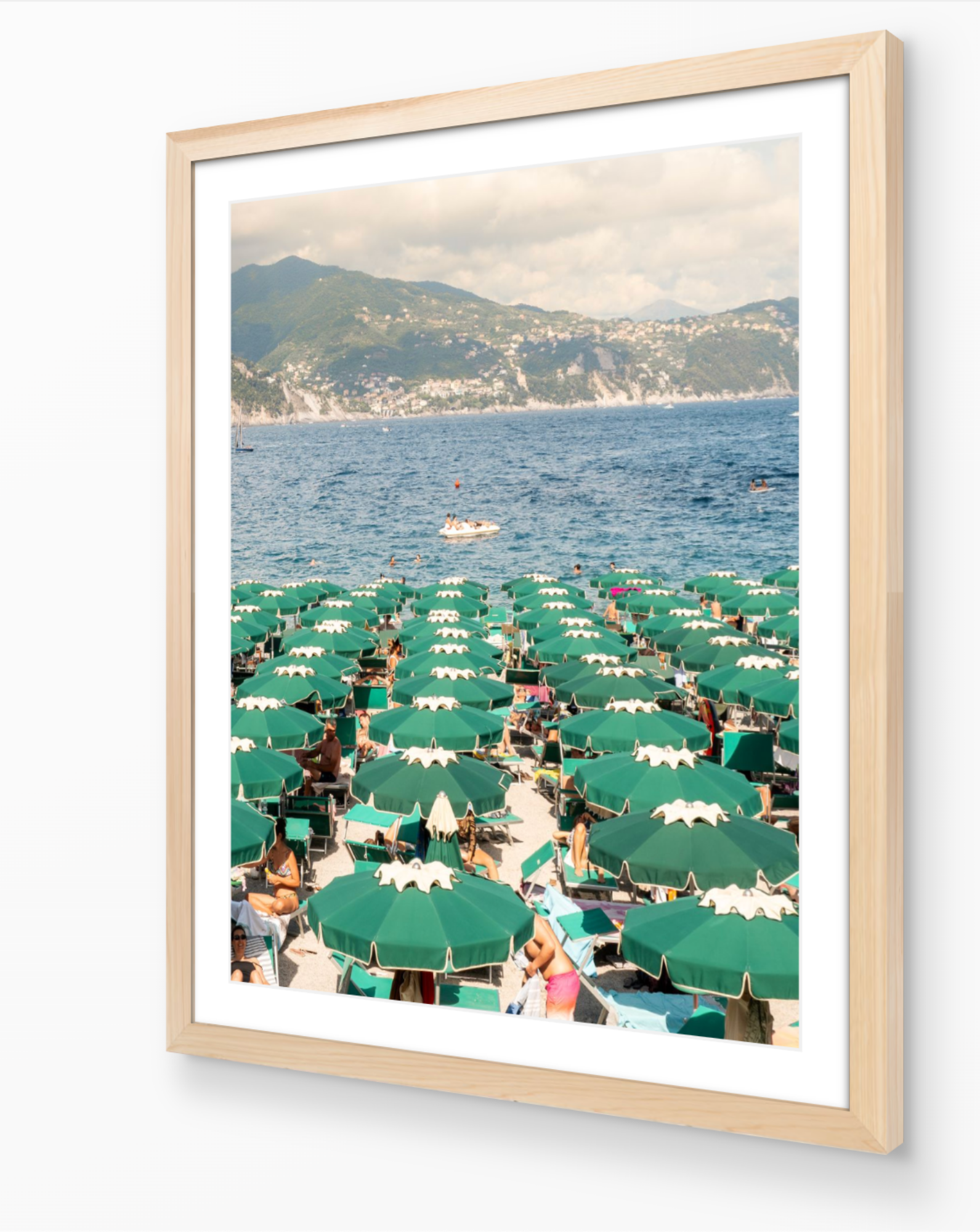 Santa Margherita fine-art print by Sam Smeaton — Mediterranean green umbrellas, framed in natural oak for warm coastal tones.