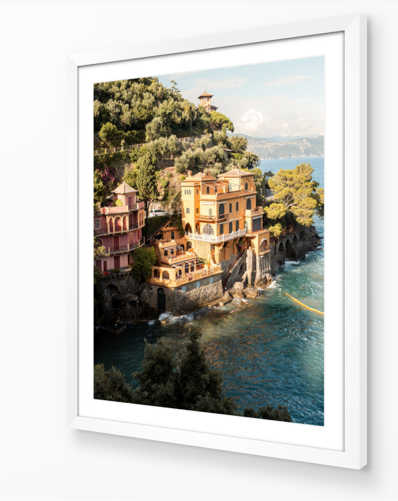 Portofino vertical fine-art print in white frame — sunlit Mediterranean architecture captured by Sam Smeaton.