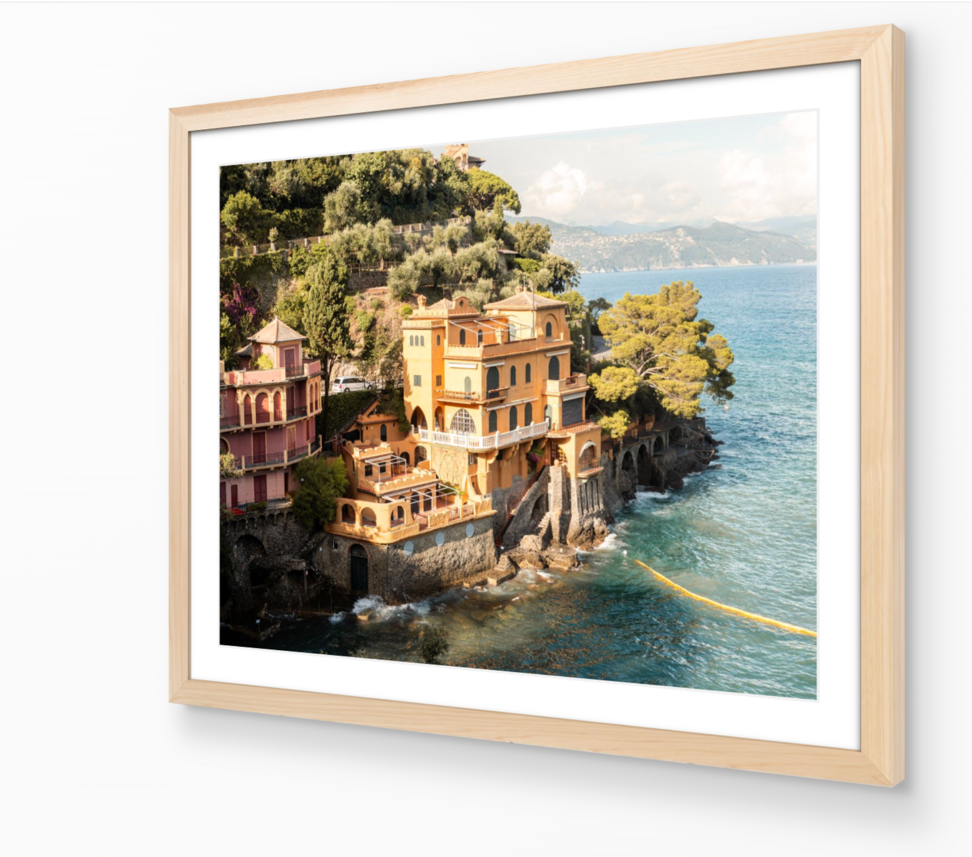 Portofino Italy photography print in oak frame — Mediterranean architecture and harbour tones by Sam Smeaton.