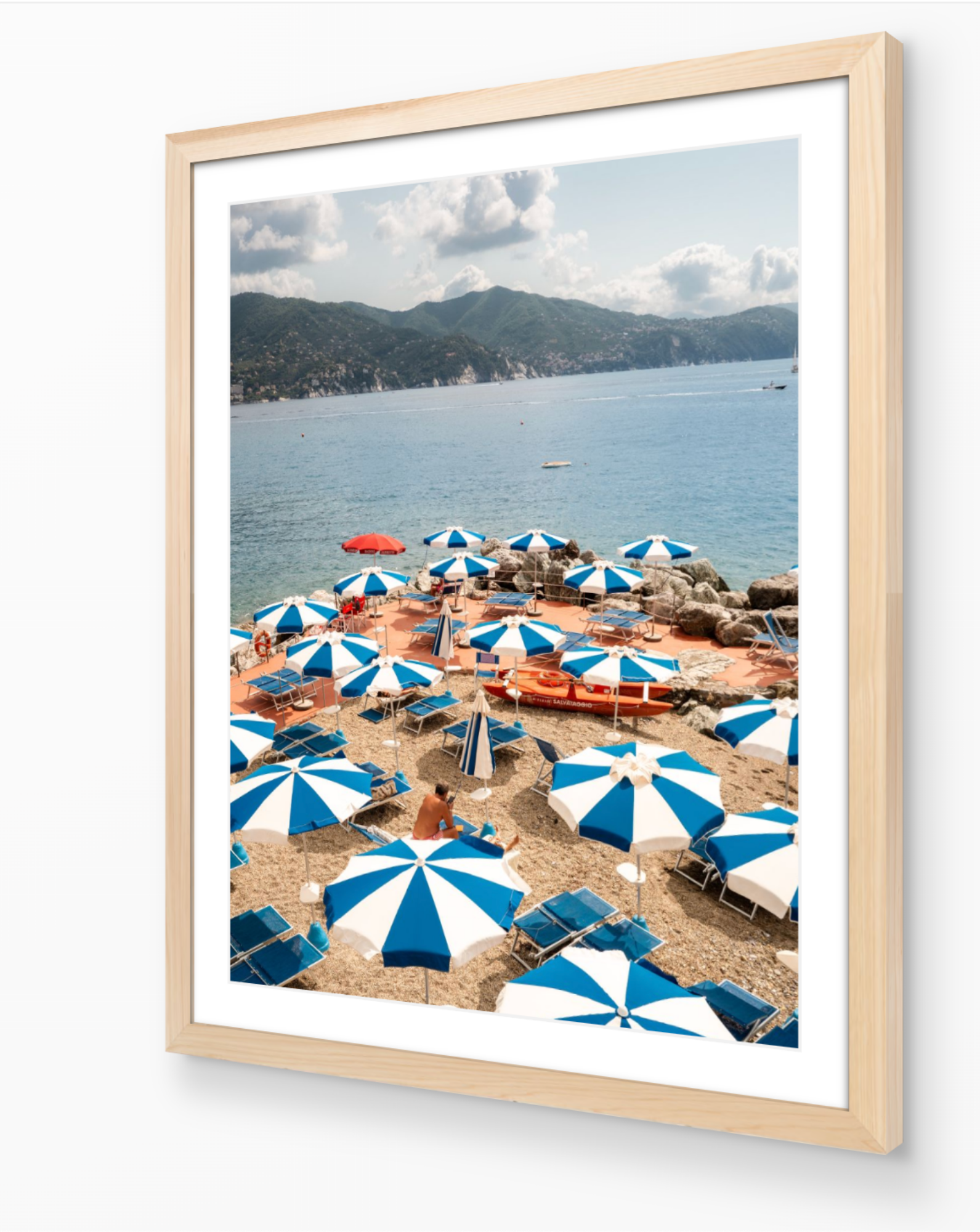 Azure Umbrellas framed print in oak wood frame – Italian Riviera coastal photography