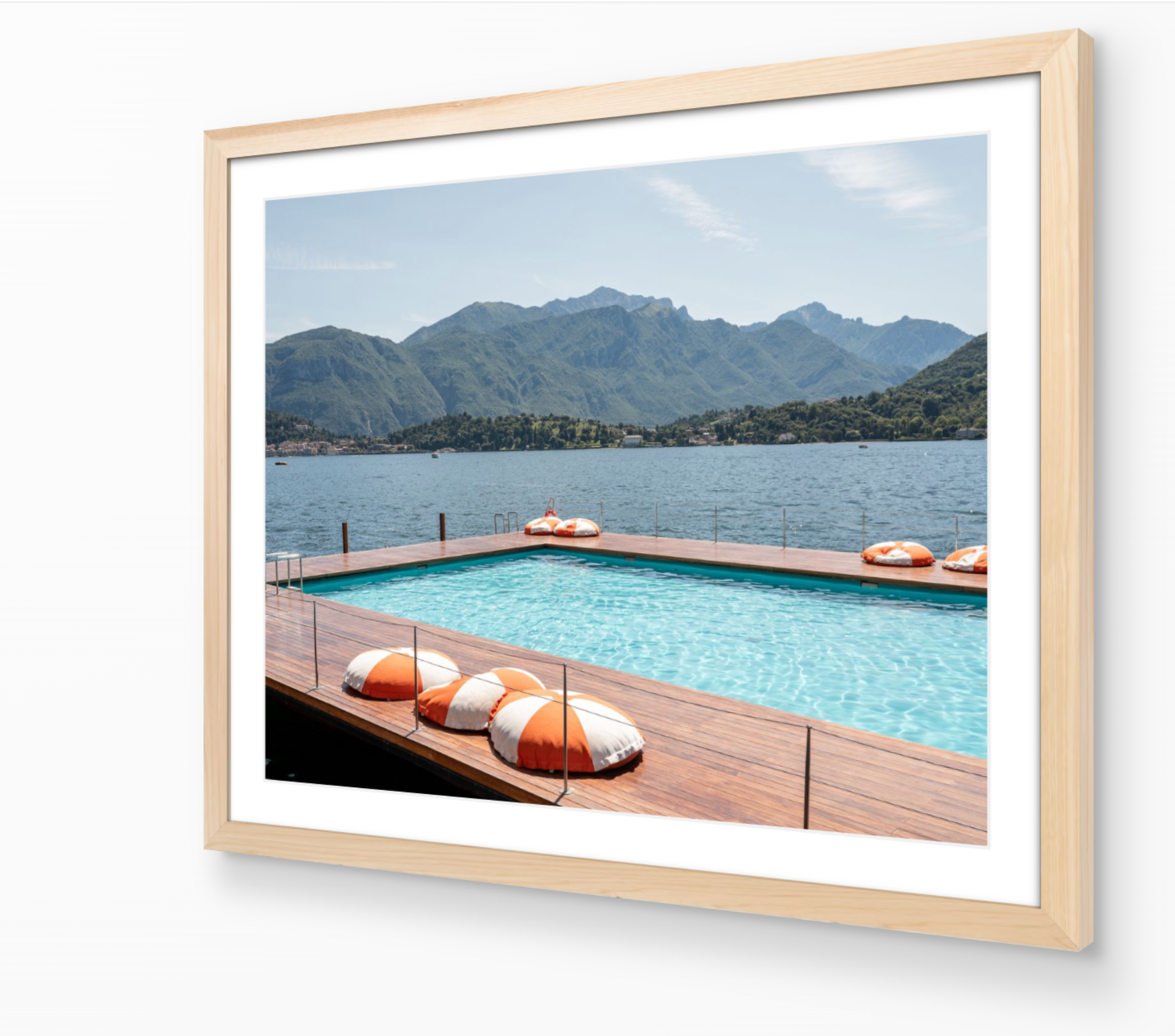 The Floating Pool of Como horizontal fine art print in oak frame by Sam Smeaton — Lake Como Italy wall art
