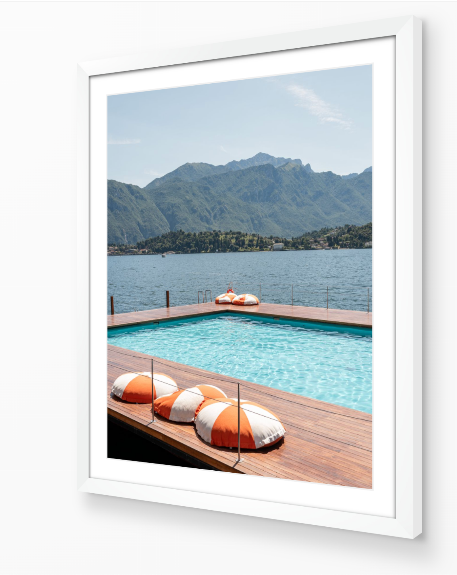 The Floating Pool of Como vertical fine art print in white frame by Sam Smeaton — Lake Como Italy photography