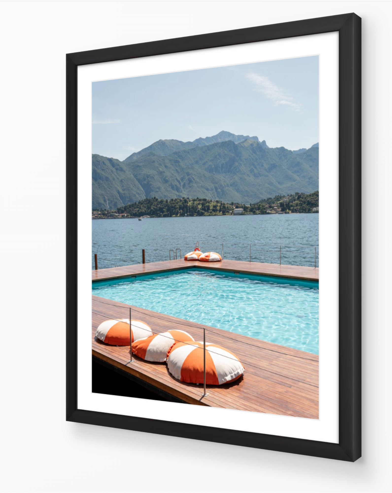 The Floating Pool of Como vertical fine art print in black frame by Sam Smeaton — Lake Como Italy wall art
