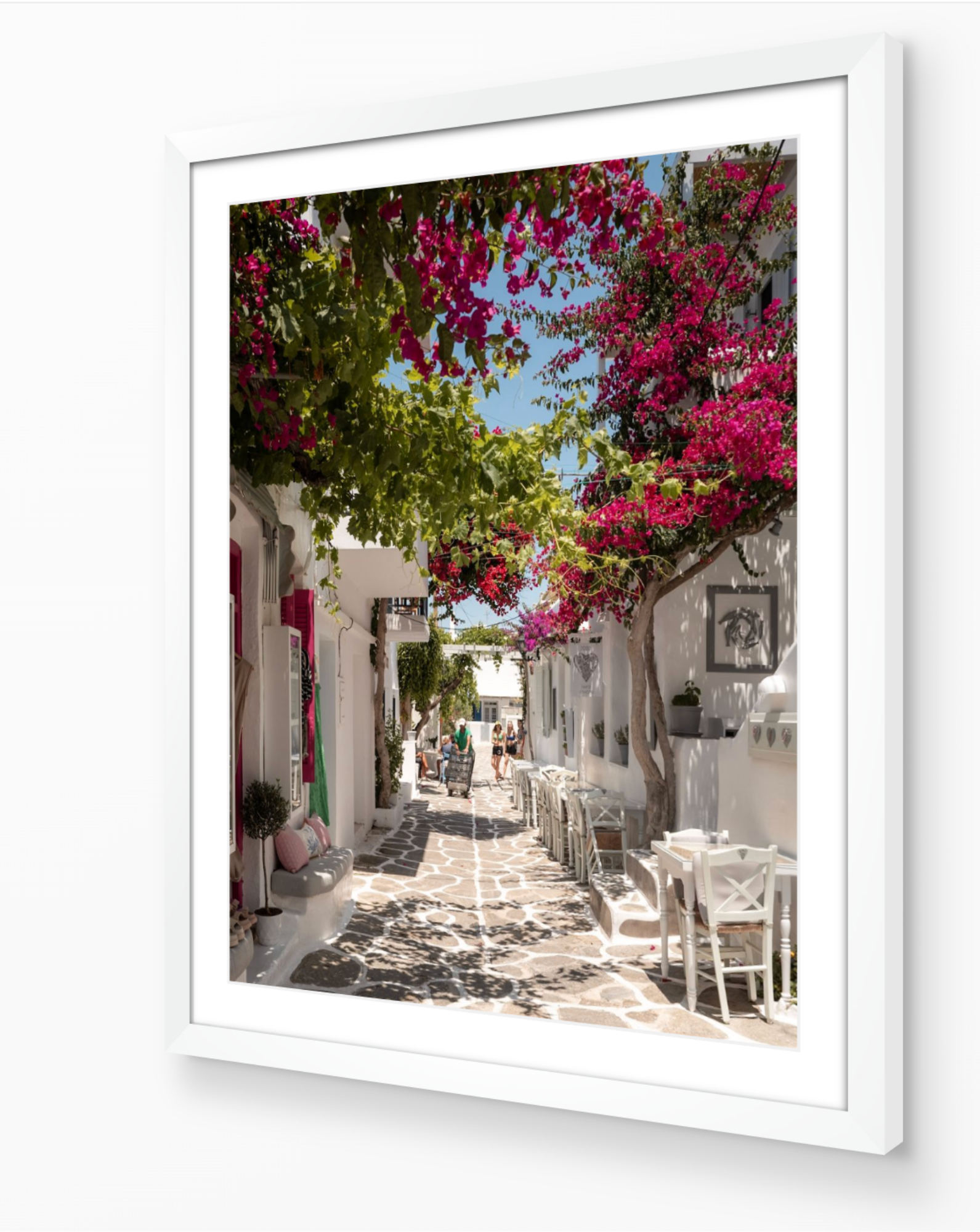 Paros Bougainvillea Lane fine-art print in white frame by Sam Smeaton — Mediterranean photography with bougainvillea and white stone lanes