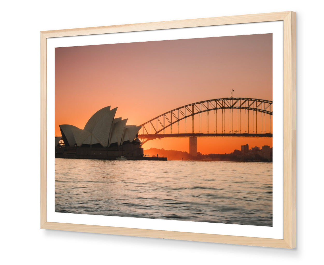 Opera House and Harbour Bridge at Sunset fine-art print in oak frame by Sam Smeaton — luxury Sydney wall art featuring golden harbour tones and architectural harmony