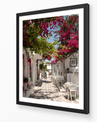 Paros Bougainvillea Lane fine-art print in black frame by Sam Smeaton — Cycladic architecture wall art from Paros Greece