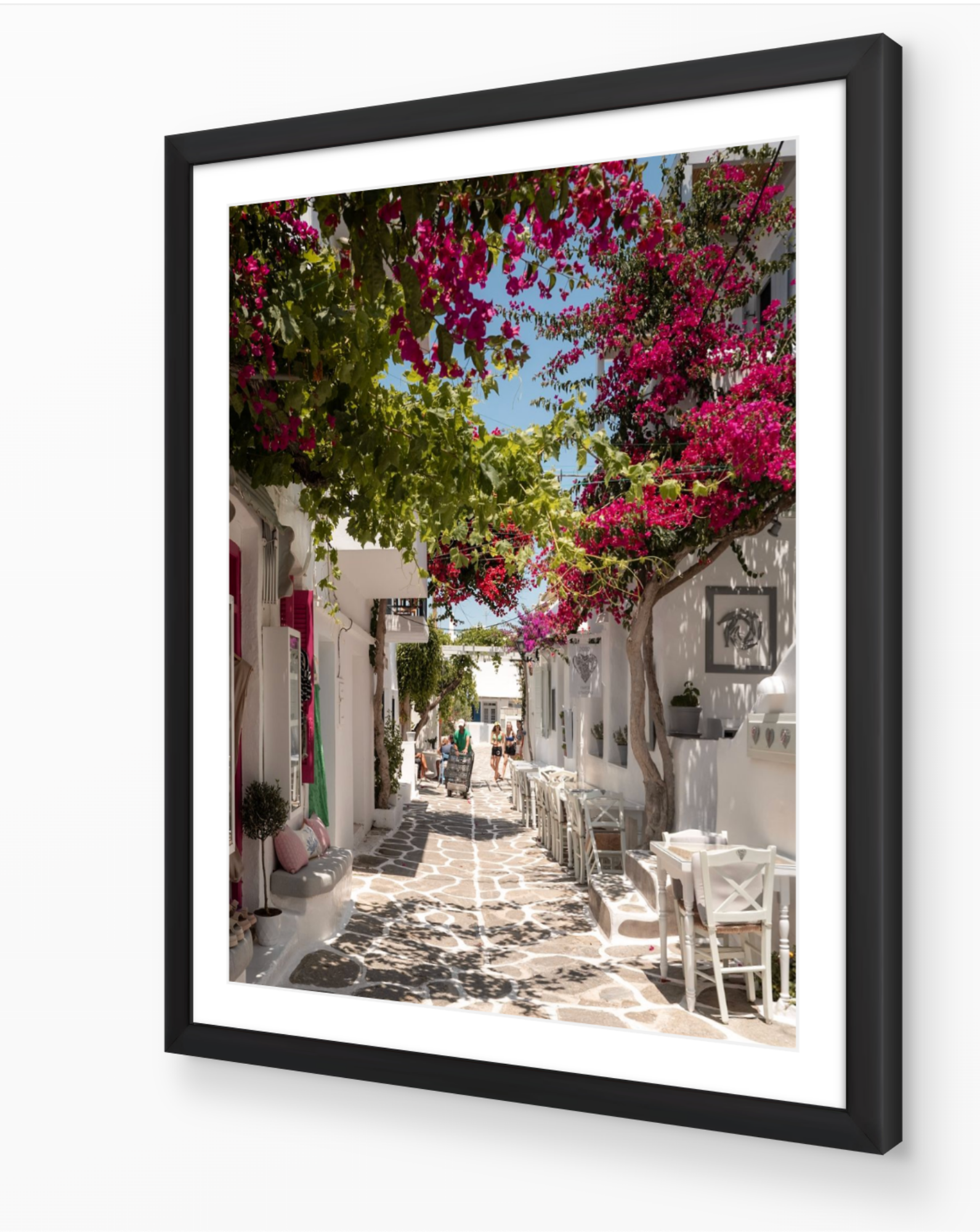 Paros Bougainvillea Lane fine-art print in black frame by Sam Smeaton — Cycladic architecture wall art from Paros Greece