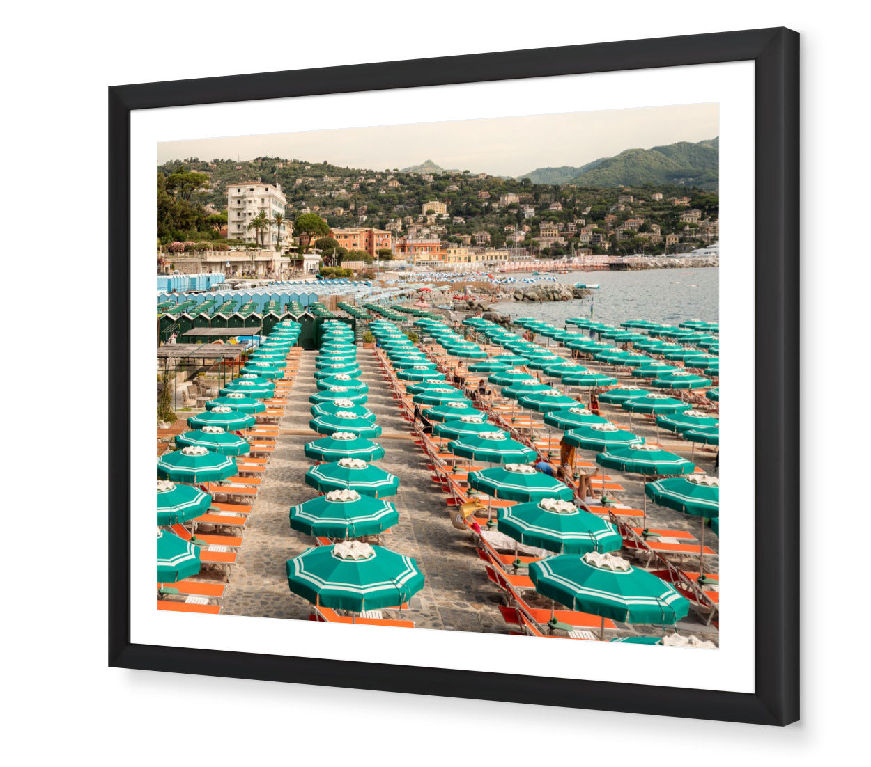Portofino Beach Club fine-art print by Sam Smeaton — turquoise umbrellas and terracotta tones of the Italian Riviera, framed in black for bold Mediterranean contrast.