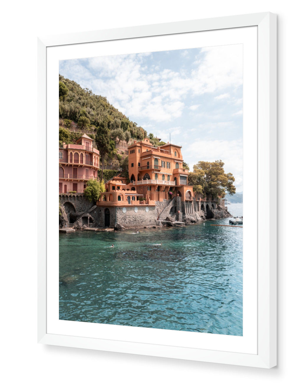 Villa Coral – Portofino fine-art print by Sam Smeaton — coral-toned Italian villas and turquoise sea, framed in white for a modern coastal finish.