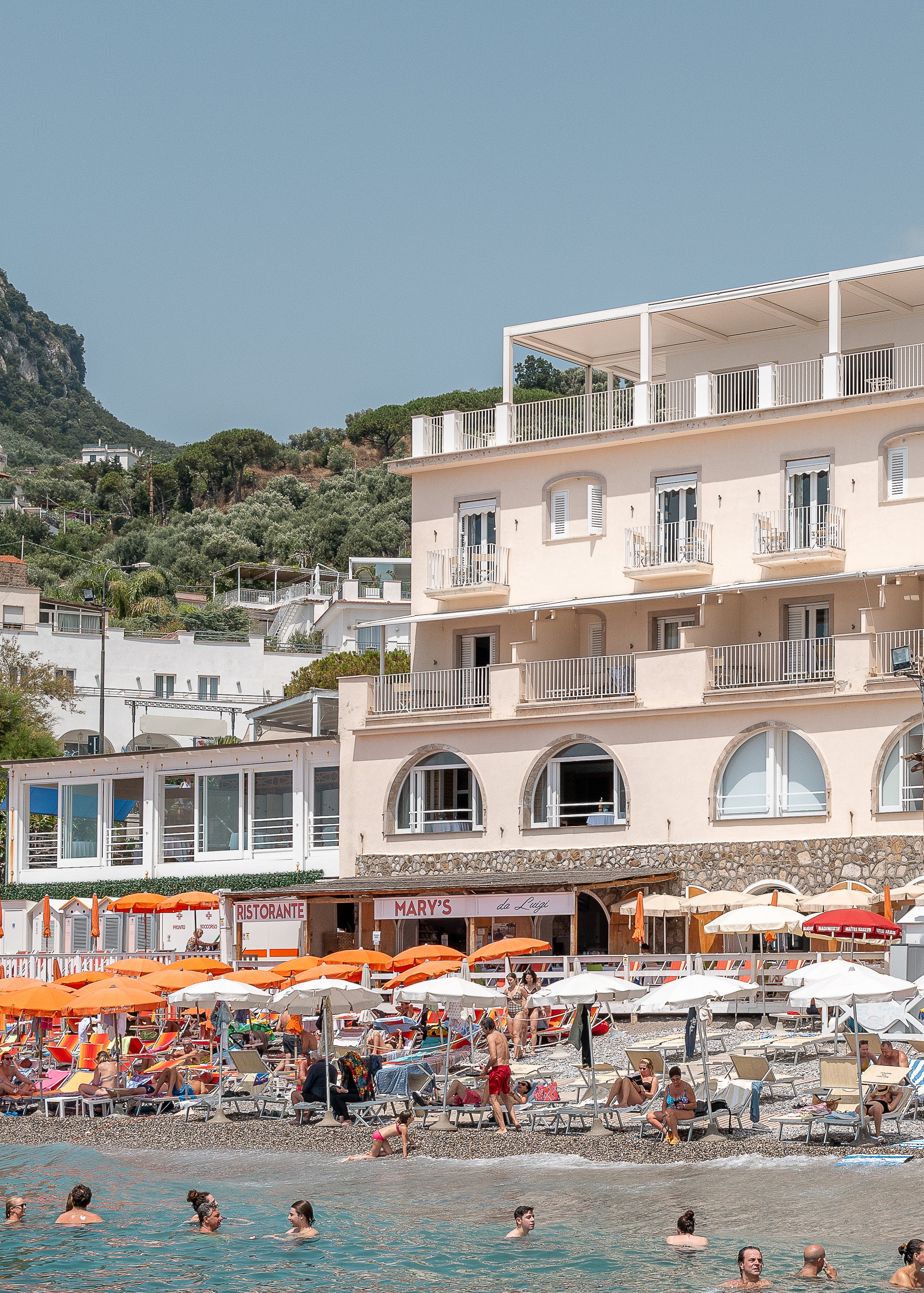 Nerano vertical fine-art print by Sam Smeaton — Amalfi Coast Italy photography with sun umbrellas