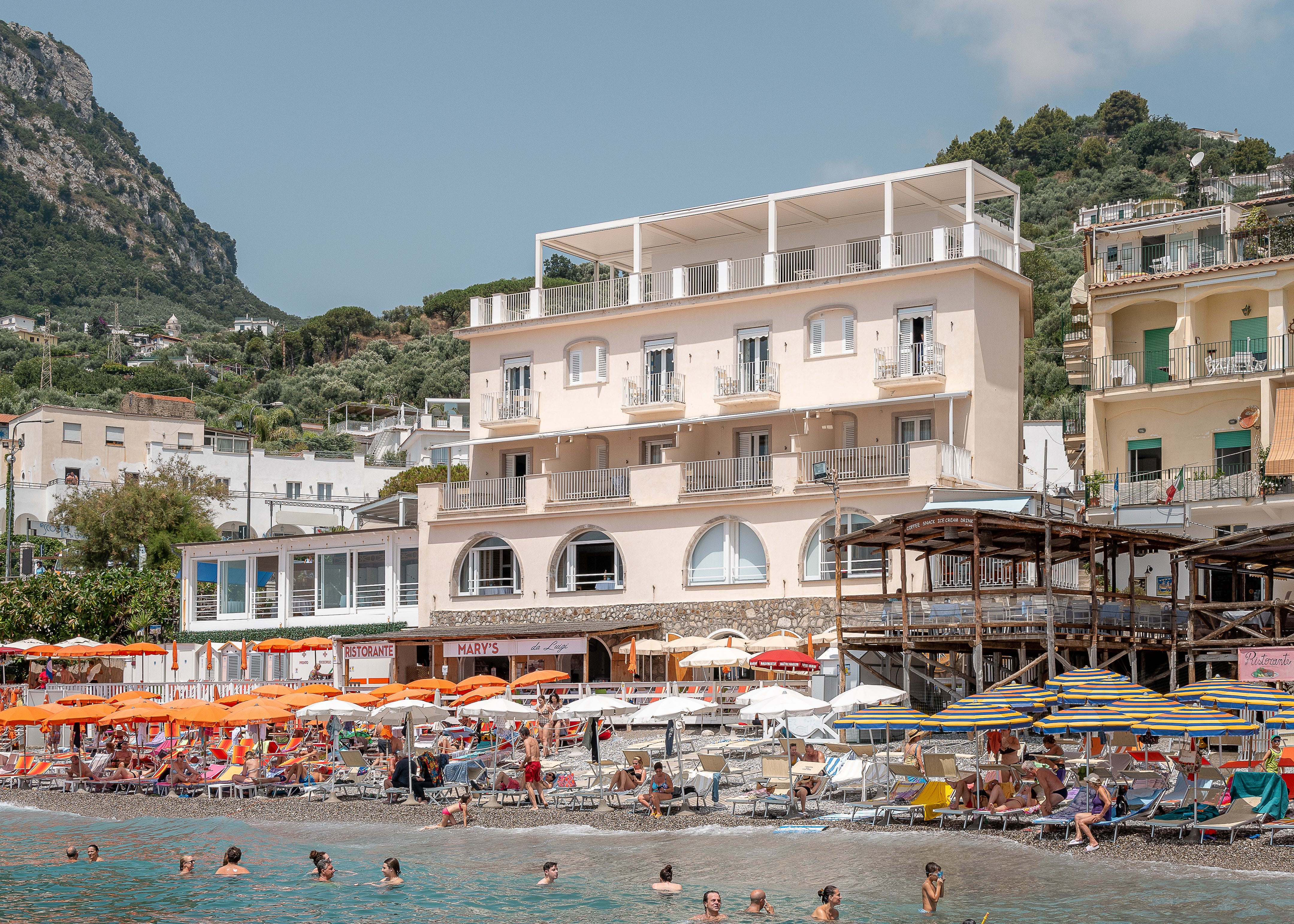 Nerano horizontal fine-art print by Sam Smeaton — Amalfi Coast Italy photography with orange umbrellas