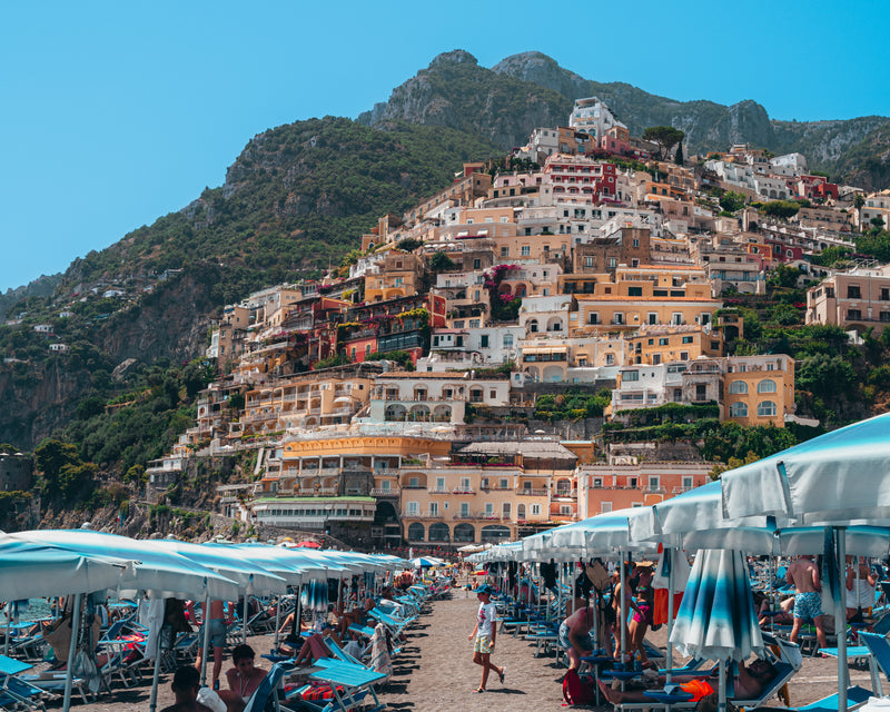 Positano III horizontal fine-art print by Sam Smeaton — Amalfi Coast Italy photography with turquoise umbrellas and cliffside village