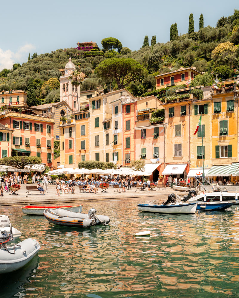 Fine-art photography print of Portofino III by Sam Smeaton — pastel Italian villas, golden façades and harbour reflections, captured on the Italian Riviera, printed on premium matte fine-art paper, 50 × 75 cm.