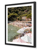 Paraggi Beach fine-art print by Sam Smeaton — Italian Riviera parasols and turquoise sea, framed in sleek black for bold coastal contrast.