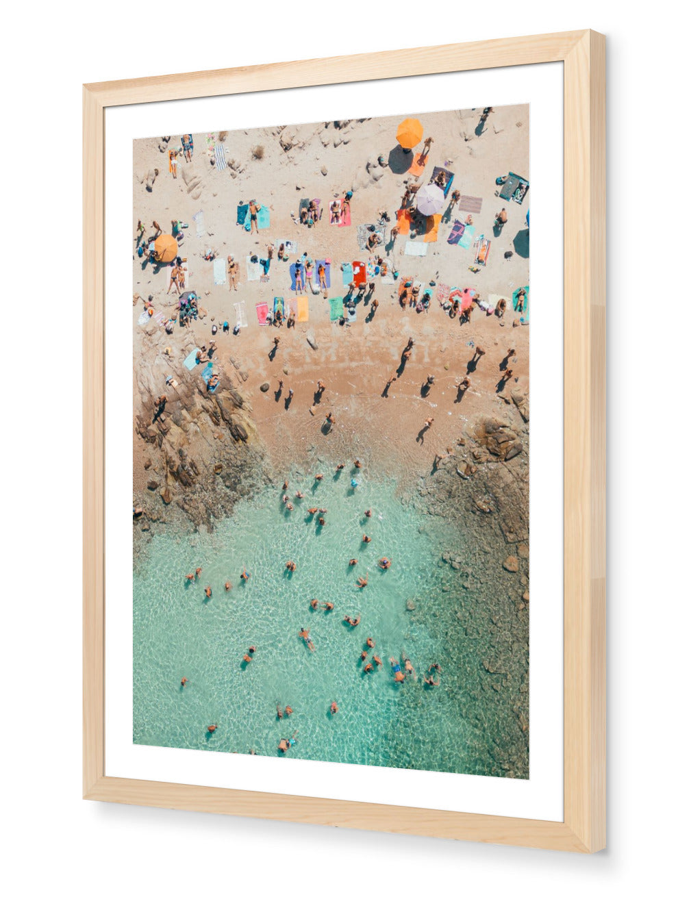 Costa Smeralda fine-art print by Sam Smeaton — Sardinia’s turquoise waters and umbrellas framed in natural oak for timeless Italian warmth.
