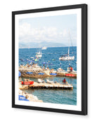 Santa Margherita fine-art print by Sam Smeaton — Italian Riviera umbrellas and red lifeguard boat, framed in classic black for bold coastal contrast.