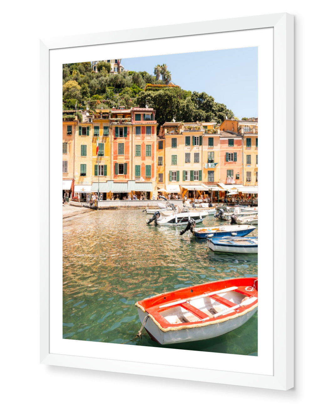 Portofino II fine-art print by Sam Smeaton — pastel Italian villas and harbour boats, framed in white for a crisp, contemporary coastal look.