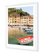 Portofino II fine-art print by Sam Smeaton — pastel Italian villas and harbour boats, framed in white for a crisp, contemporary coastal look.