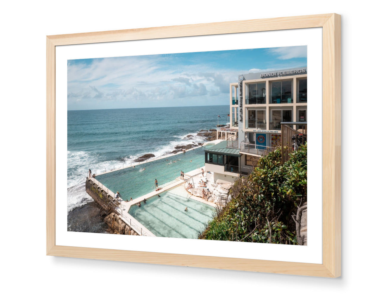 Sydney Icebergs – Bondi Pool fine-art print in oak frame by Sam Smeaton — luxury Bondi Beach wall art capturing turquoise waves, white architecture, and ocean serenity