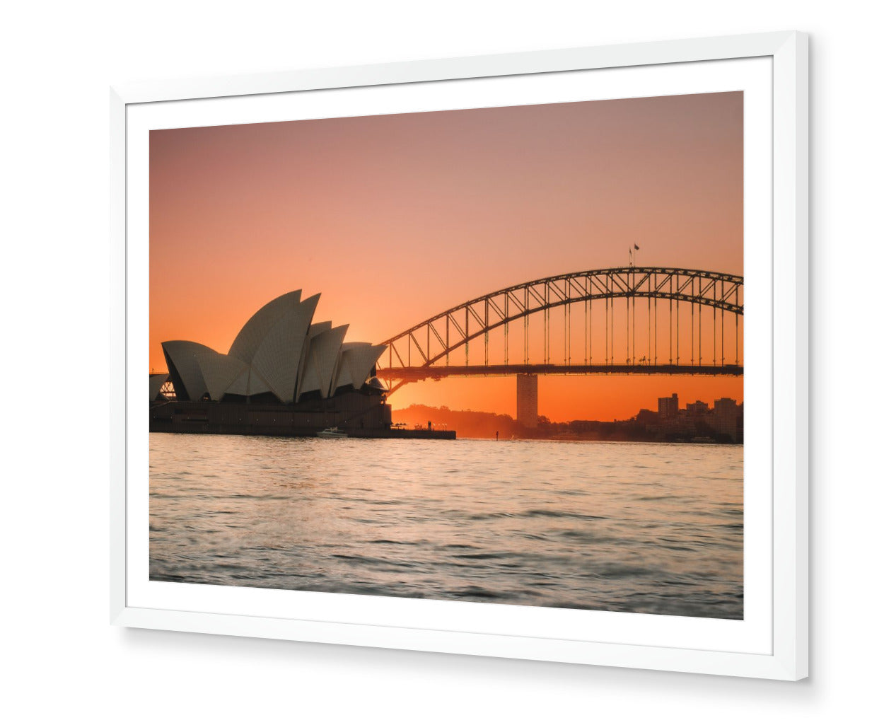 Opera House and Harbour Bridge at Sunset fine-art print in white frame by Sam Smeaton — tranquil Sydney sunset with calm water, pastel sky, and iconic landmarks
