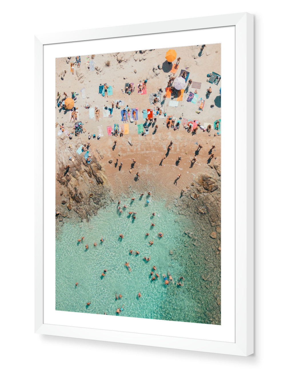 Costa Smeralda fine-art print by Sam Smeaton — vertical aerial view of Sardinia’s crystalline coastline framed in white for a modern coastal gallery aesthetic.
