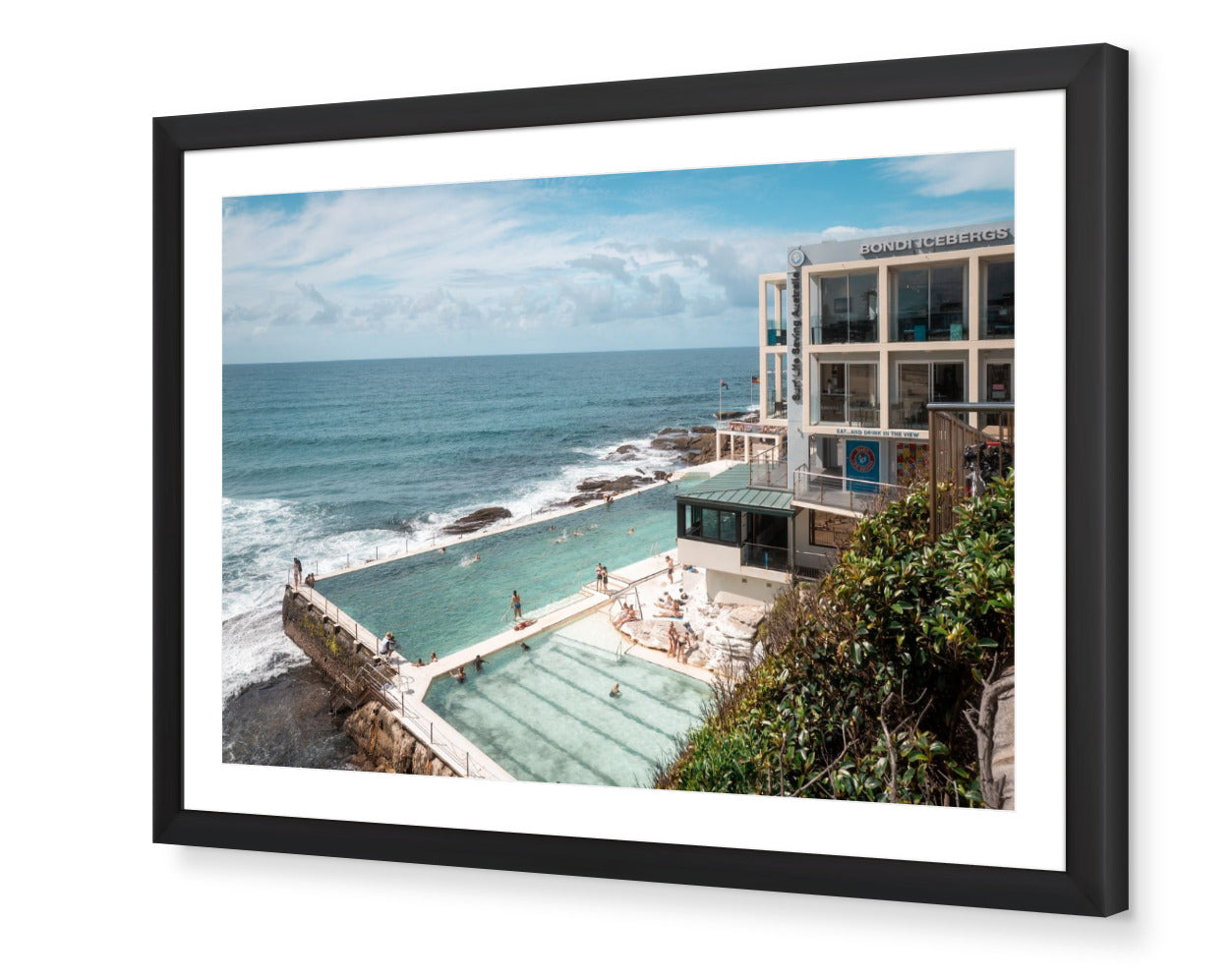 Sydney Icebergs – Bondi Pool fine-art print in black frame by Sam Smeaton — elegant Bondi Beach scene featuring turquoise water, clean lines, and Australian coastal architecture