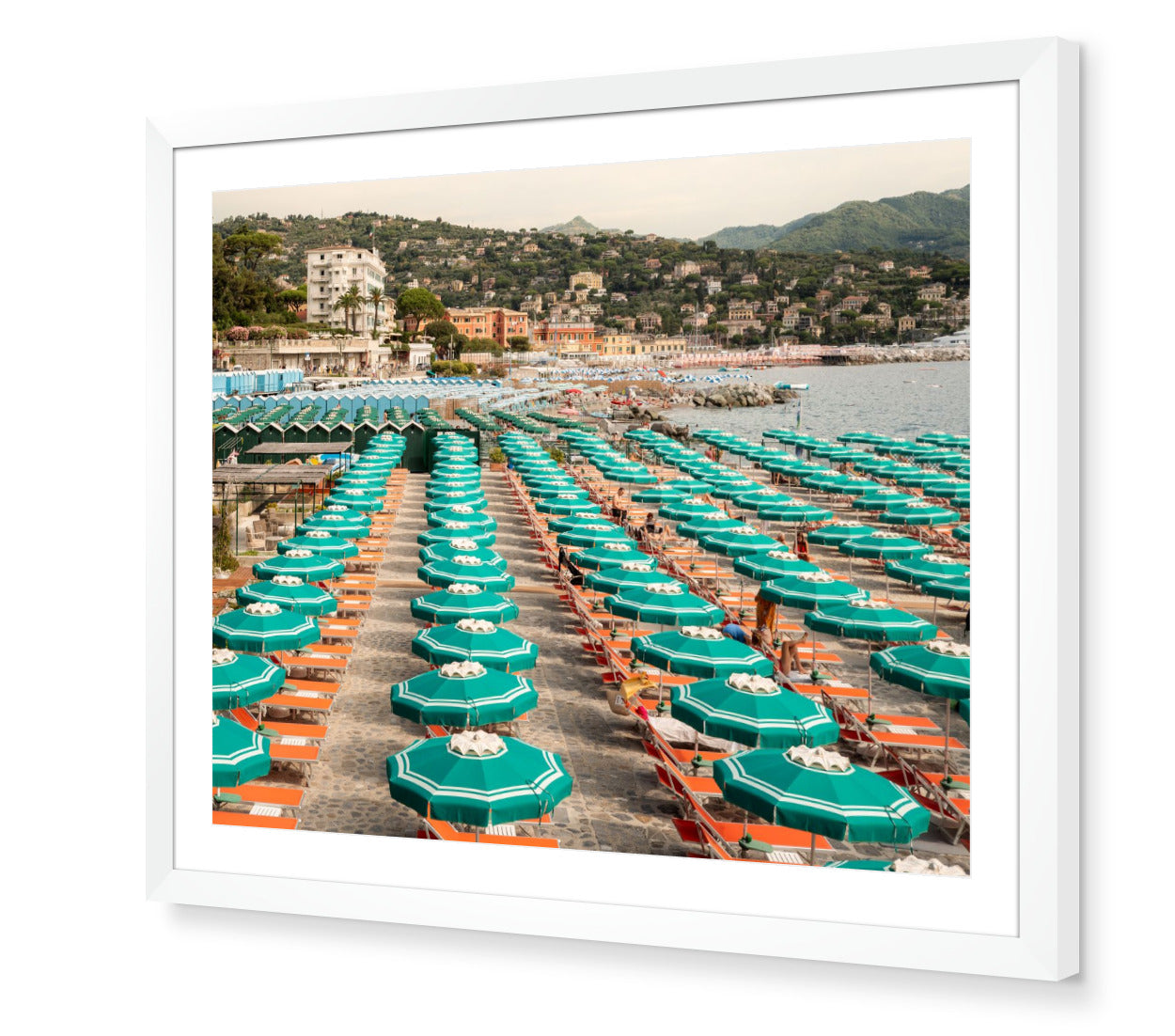 Portofino Beach Club fine-art print by Sam Smeaton — Italian Riviera umbrellas and coastline framed in white for a refined coastal gallery look.