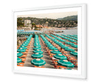 Portofino Beach Club fine-art print by Sam Smeaton — Italian Riviera umbrellas and coastline framed in white for a refined coastal gallery look.